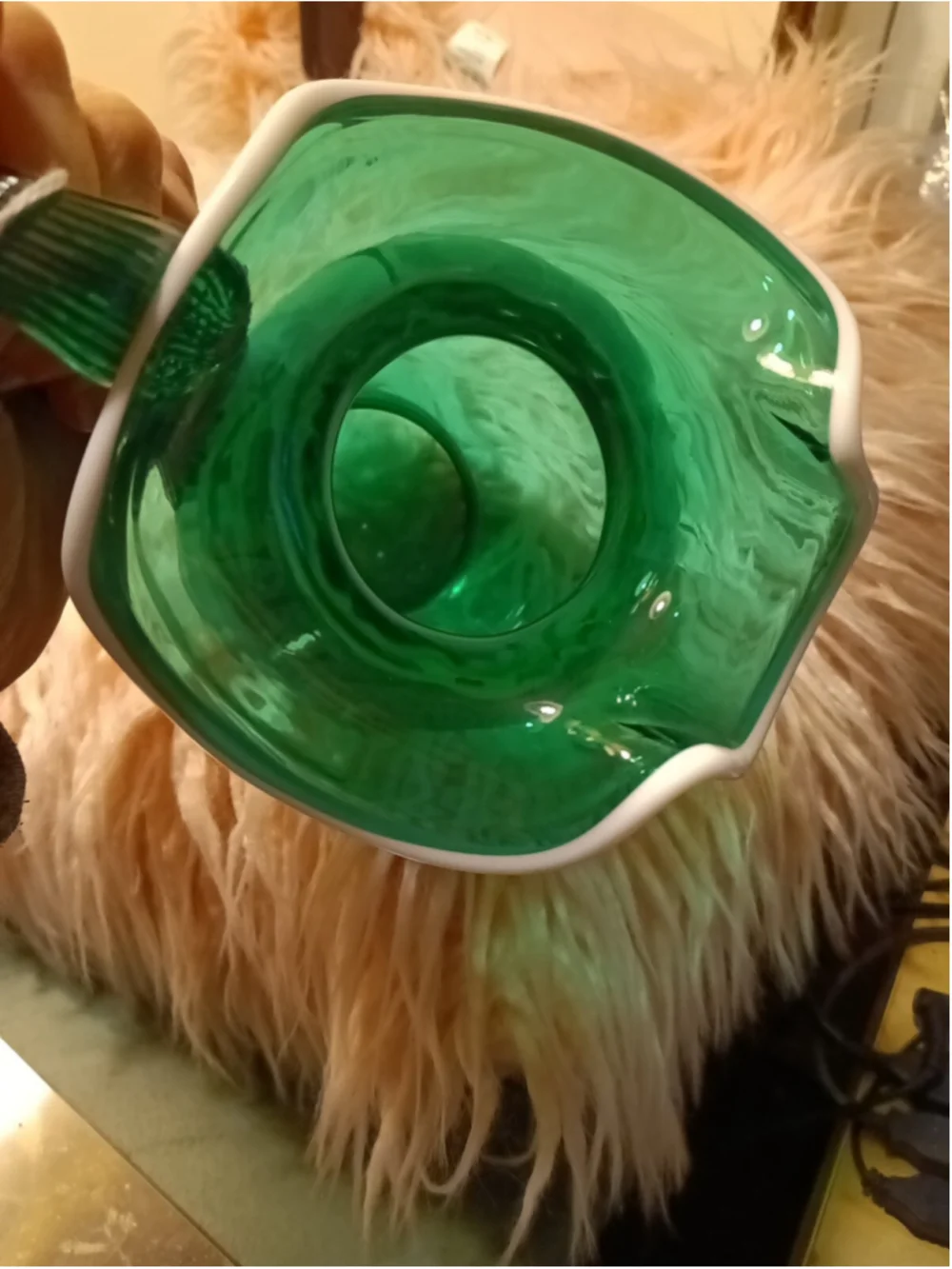 Fenton Emerald Green Snow Crest Glass Reed Handled Ruffle Pitcher handmade USA